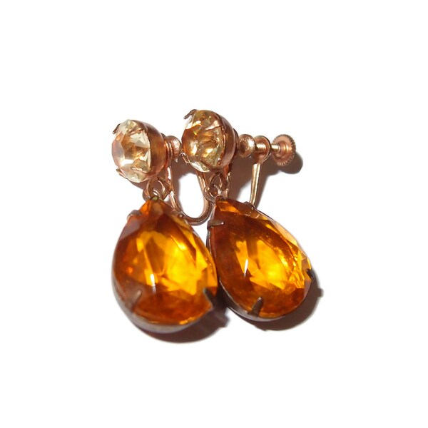 Gold Crystal Drop Screw-back Vintage Earrings