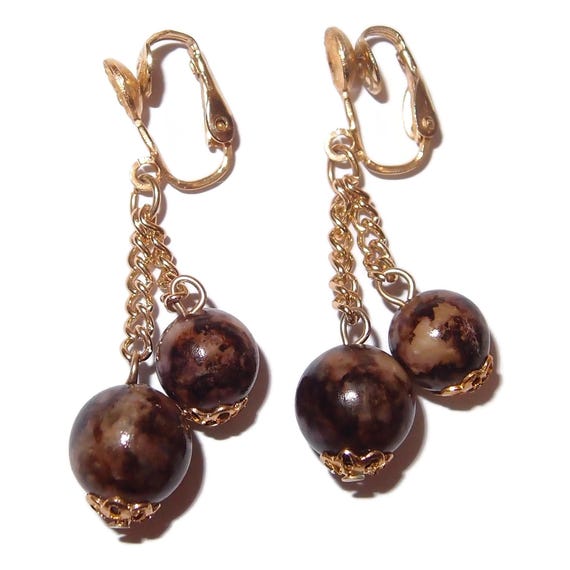 HONG KONG Wooden Bead Dangle Vintage Earring