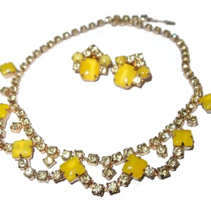 Rare Yellow Glass and Rhinestone Vintage Necklace Earring Set