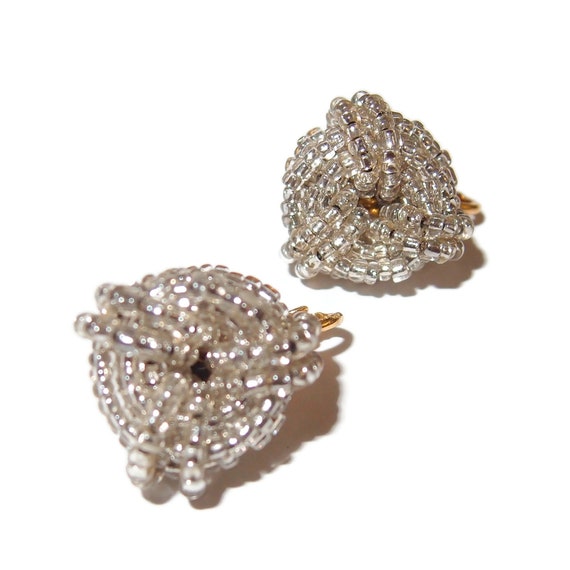 Clear Unusual Seed Beads Clip-on Vintage Earrings - image 2