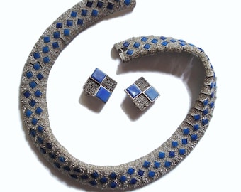 BLOWOUT Sale LES BERNARD Lapis Pave Rhinestone Necklace Earring Set