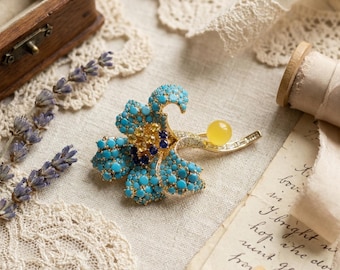 Gold Orchid Brooch, Turquoise Blue Pave with Honey Bead Drop