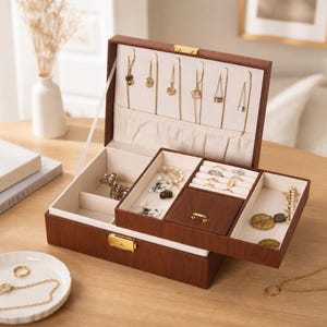 May include: A brown wooden jewellery box with multiple compartments, including a section for hanging necklaces and drawers for rings and other accessories. The box is open, revealing various pieces of jewellery. The box has a gold clasp.