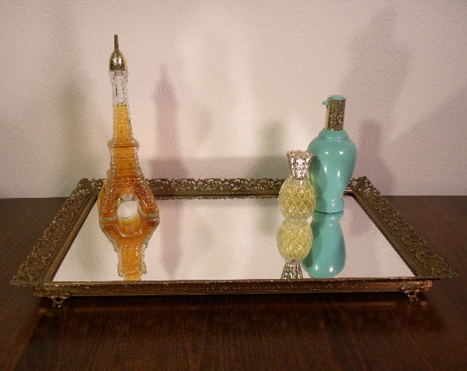 VINTAGE Mirror Vanity Tray With Floral Filigree Frame Etsy
