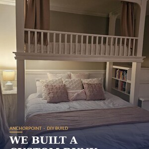 May include: A white custom bunk bed featuring a king-sized bed on the bottom and a twin-sized loft bed on top. The structure includes a built-in bookshelf on the side and beige curtains on the upper level. Text on the image reads: ANCHORPOINT DIY BUILD WE BUILT A CUSTOM BUNK BED FOR $1,456 King below Twin loft Storage stairs.