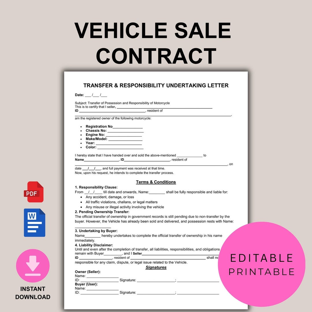 Editable Vehicle Contract, Printable Auto Transfer Agreement (MS Word ...