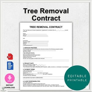 Peut inclure: Un contrat de retrait d'arbres blanc avec le titre en haut. Le contrat comprend des sections pour les informations sur le client et l'entrepreneur, les services fournis, la date du projet, les conditions de paiement et les responsabilités du client. Le document est intitulé "Editable Printable".