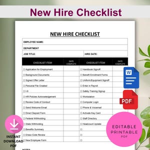Peut inclure: Un document de liste de contrôle pour les nouveaux employés en blanc avec du texte noir. La liste de contrôle comprend des champs pour les informations sur les employés et une liste d'éléments à compléter. Les mots "New Hire Checklist" sont en haut. Le document a un cercle rose avec les mots "Editable Printable PDF".