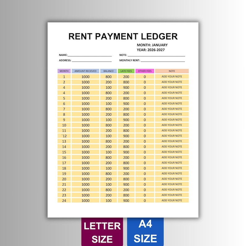 Editable Rent Ledger Template | Printable Monthly Payment Tracker (pdf ...