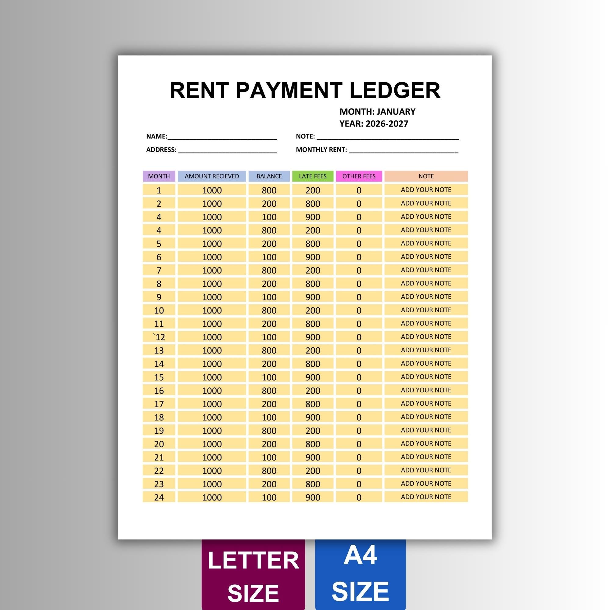Editable Rent Ledger Template | Printable Monthly Payment Tracker (pdf ...