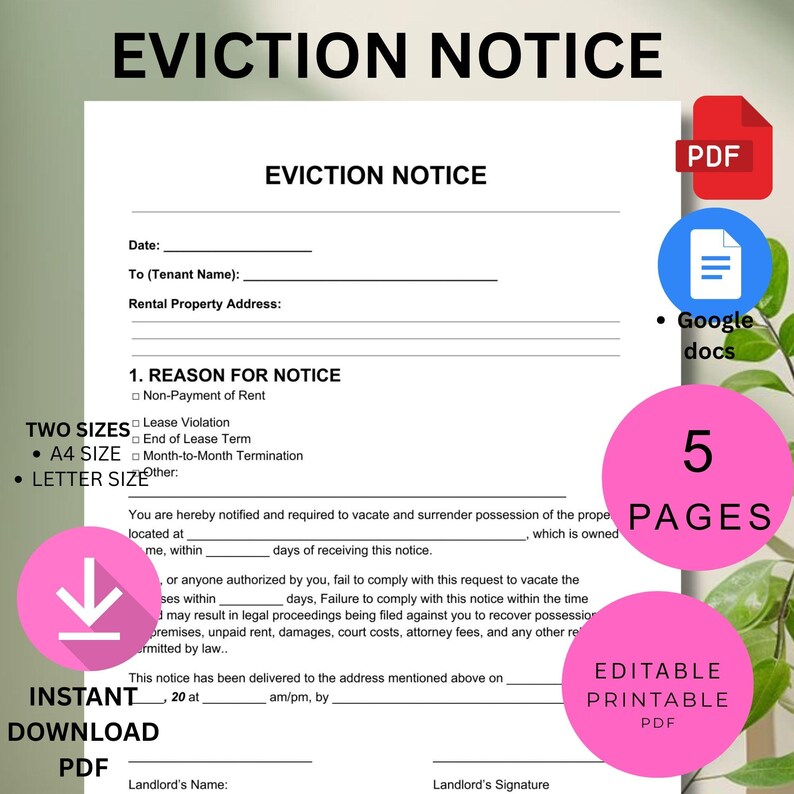 Editable Eviction Notice Template | Printable Notice to Vacate | Lease ...
