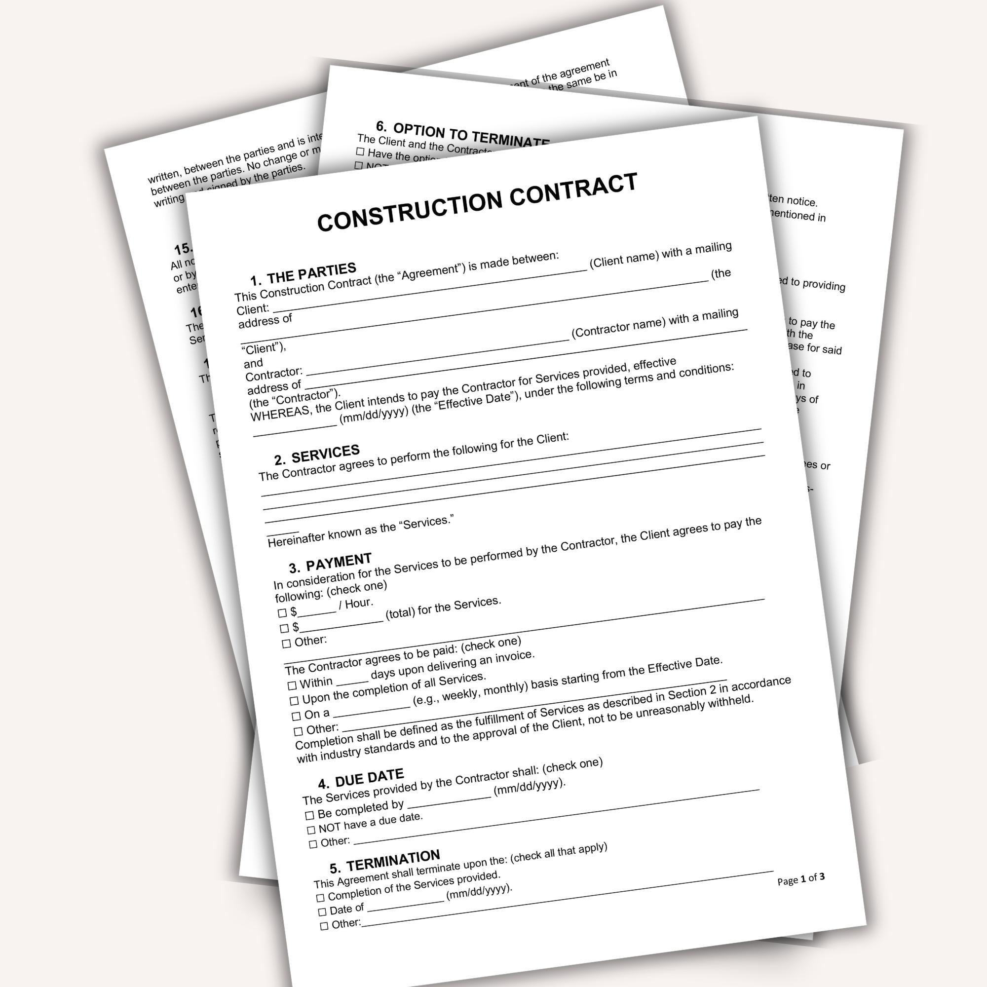Editable Construction Contract Template (canva, Word, PDF) - Etsy