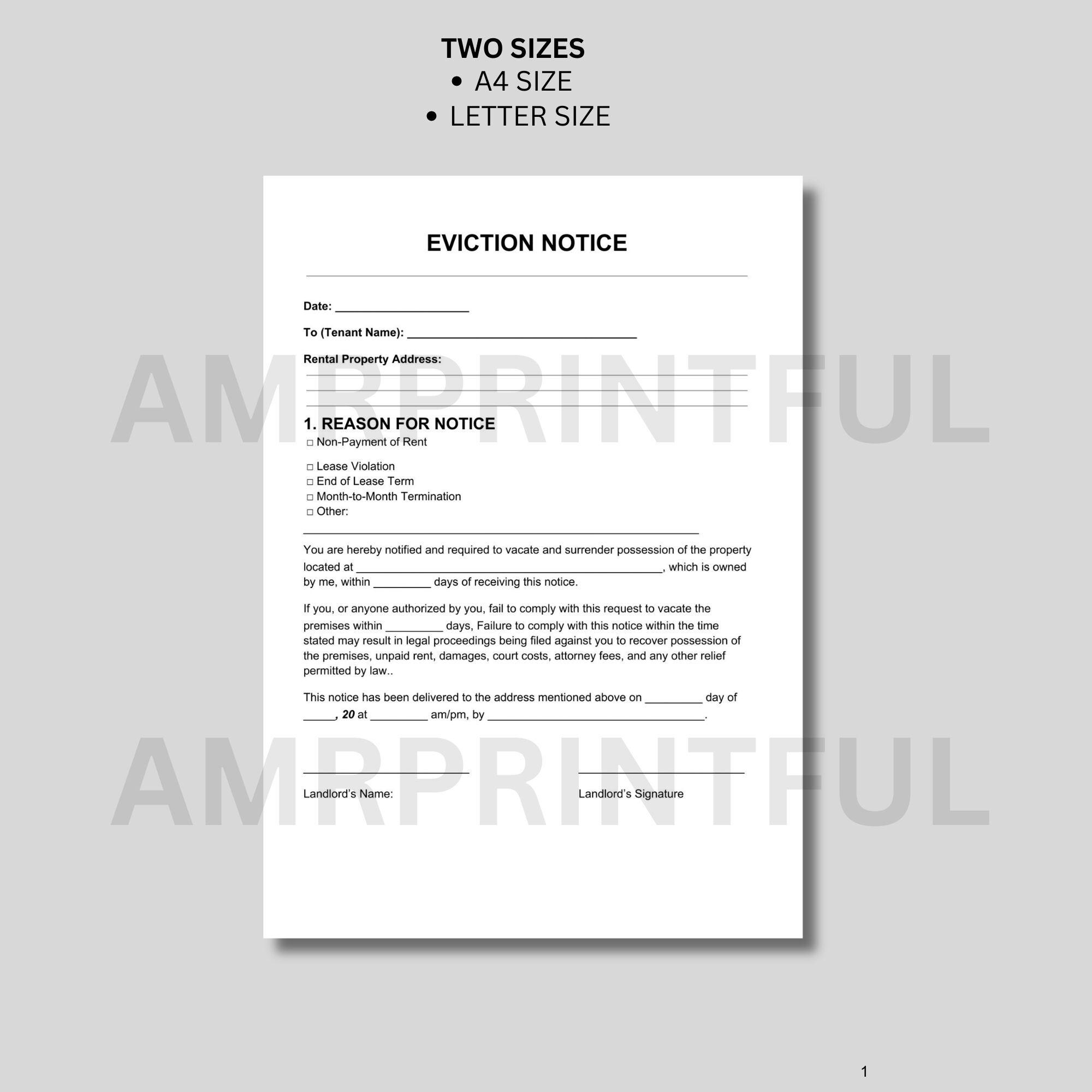 Editable Eviction Notice Template | Printable Notice to Vacate | Lease ...