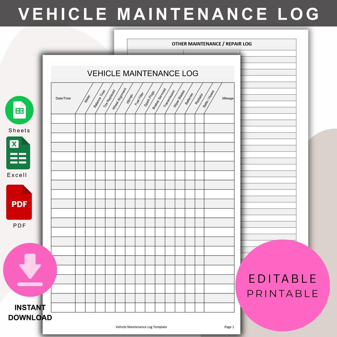 Vehicle Maintenance Log, Car Service Tracker, Repair Planner (excel ...