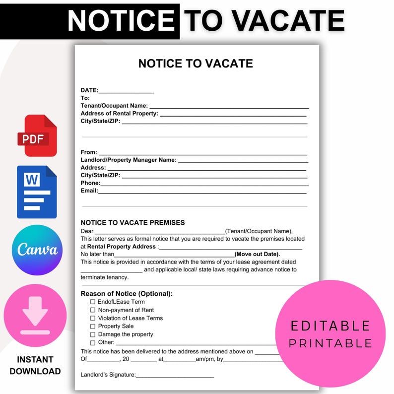 Editable Eviction Notice Template | 30 Day Lease to Vacate PDF (digital ...