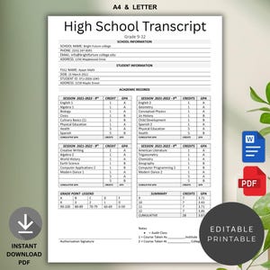 May include: A4 & Letter sized high school transcript template. The document includes sections for student information, academic records, and a grade point legend. The transcript is editable and available for instant download as a PDF.