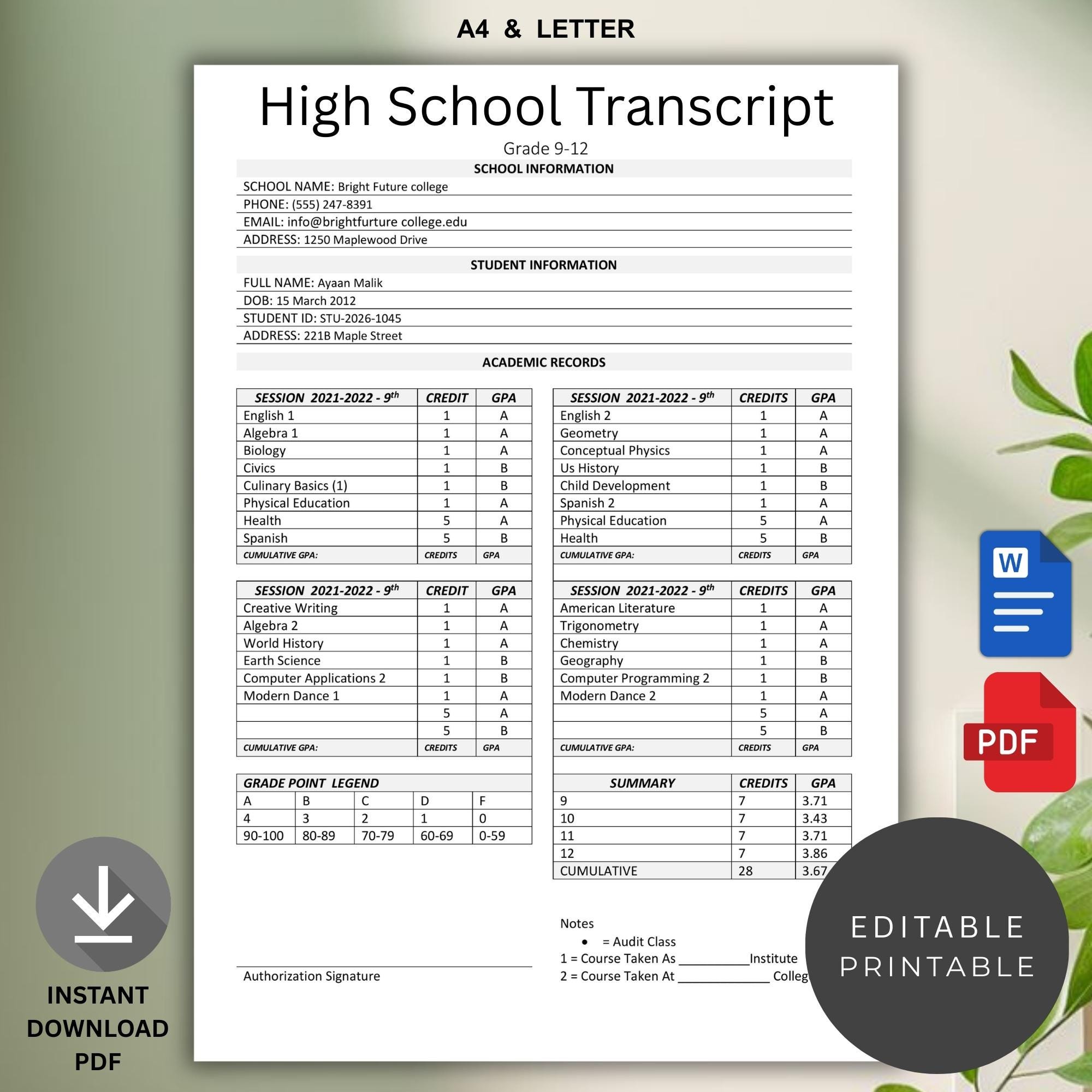 Transcript Of School Editable High School Transcript Template (digital Download) - Etsy