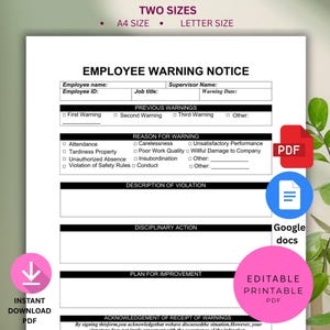 May include: A white Employee Warning Notice template with text fields for employee information, warnings, and disciplinary actions. Includes options for A4 and Letter sizes. Features a PDF download icon and the words "Instant Download PDF".