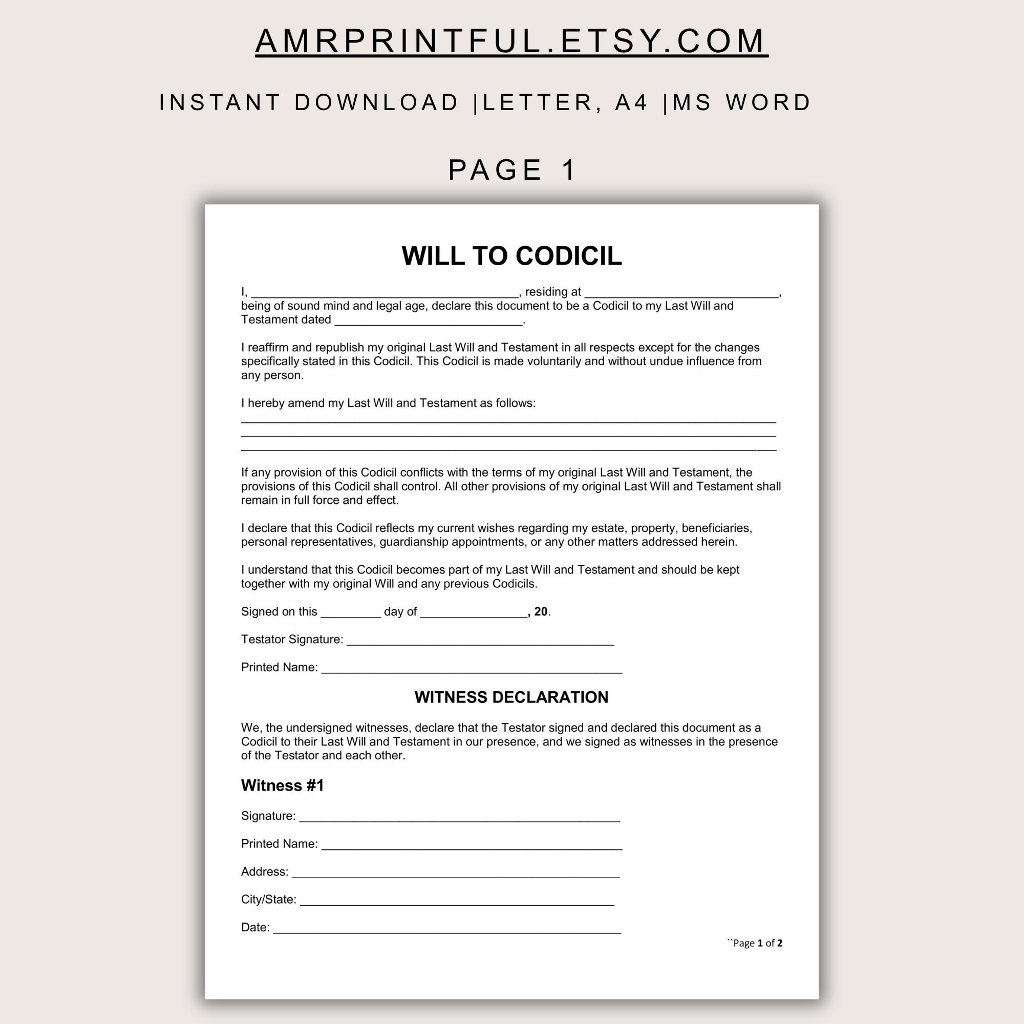 Will Codicil Template Printable, Editable Last Will Amendment Form ...