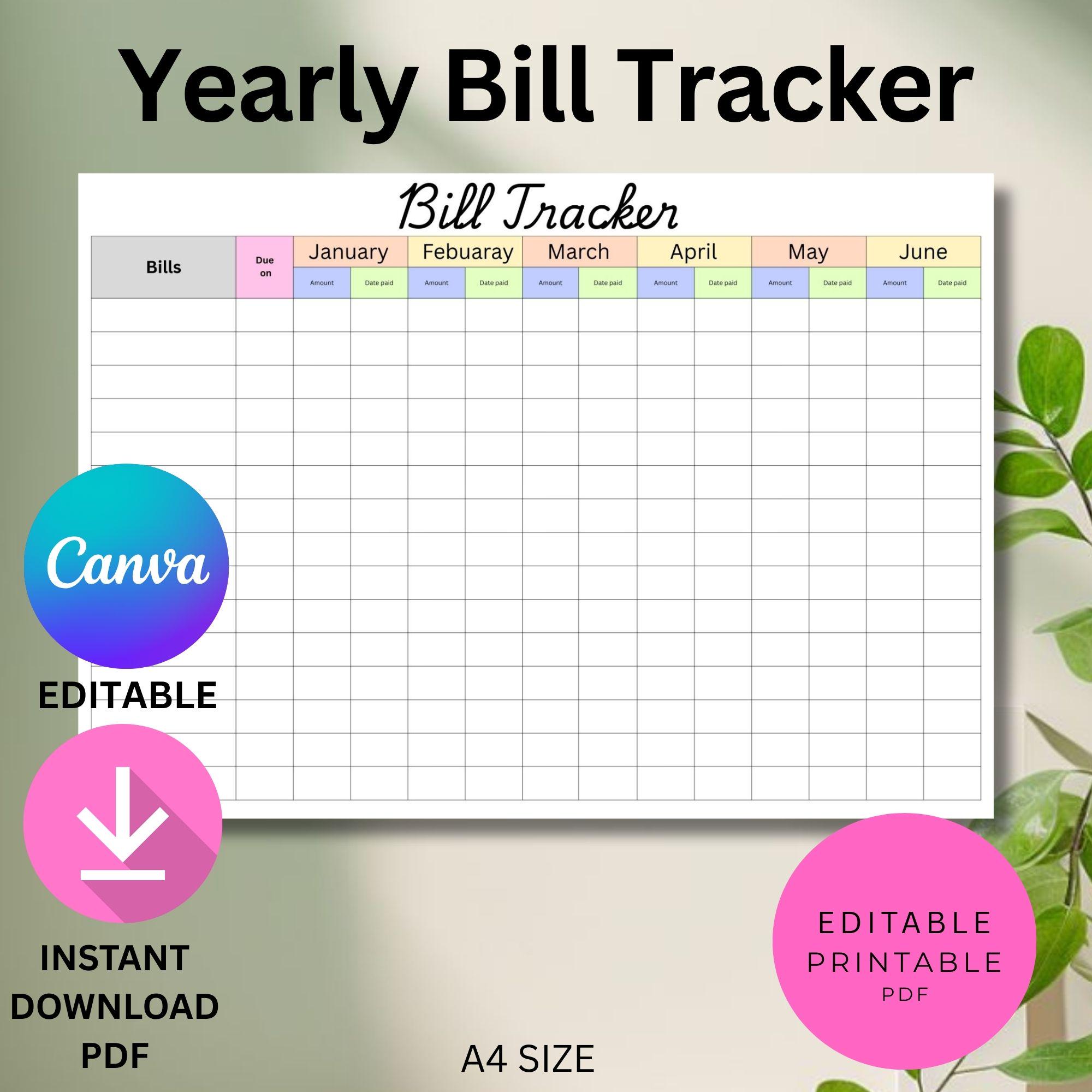 Editable Bill Payment Tracker | Printable Yearly & Monthly Bill ...