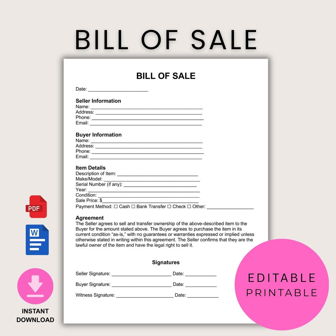 Printable Bill of Sale Template | Simple Selling Contract | Editable ...