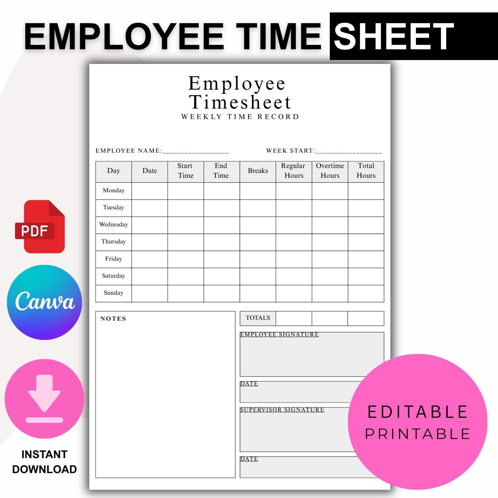 Employee Timesheet Template Printable | Weekly Time Sheet | Staff ...