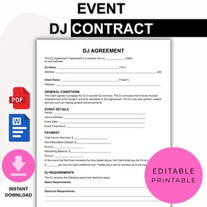 Event DJ Contract Template | Professional DJ Agreement Word & Pdf | A4, US Letter | Instant Download