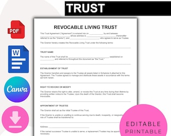 Revocable Living Trust Template, Estate Planning Document, Editable Trust Agreement (MS Word, Canva)