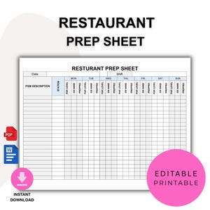 May include: A white restaurant prep sheet with the title "RESTAURANT PREP SHEET" in bold black letters. The sheet includes sections for item descriptions, station, and daily prep details. A pink circle with "EDITABLE PRINTABLE" is on the right.