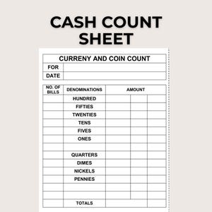 Cash Count Sheet Printable | Daily Cash Count Form | Cash Drawer Count Sheet | Opening & Closing Cash Count | Bill Breakdown Template