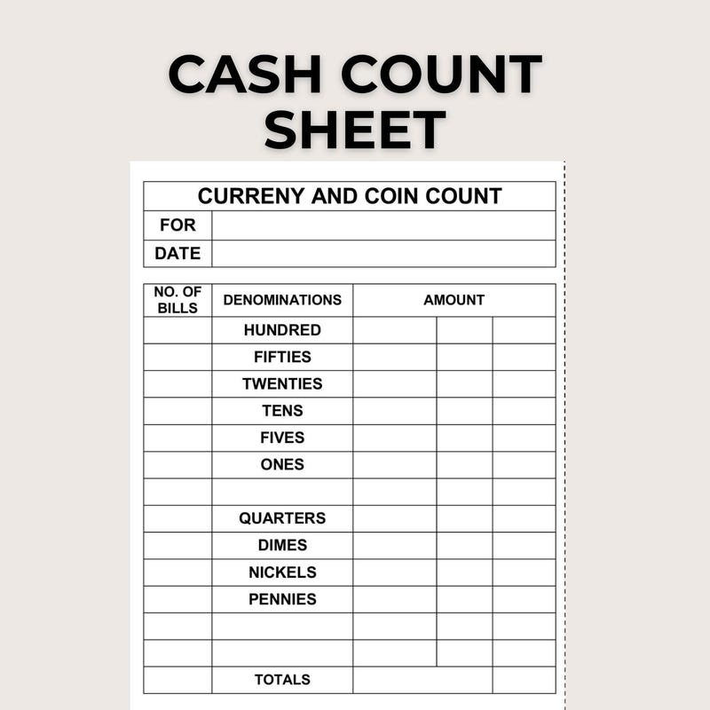 Free Cash Count Form.pdf Cash Till Templates - Etsy