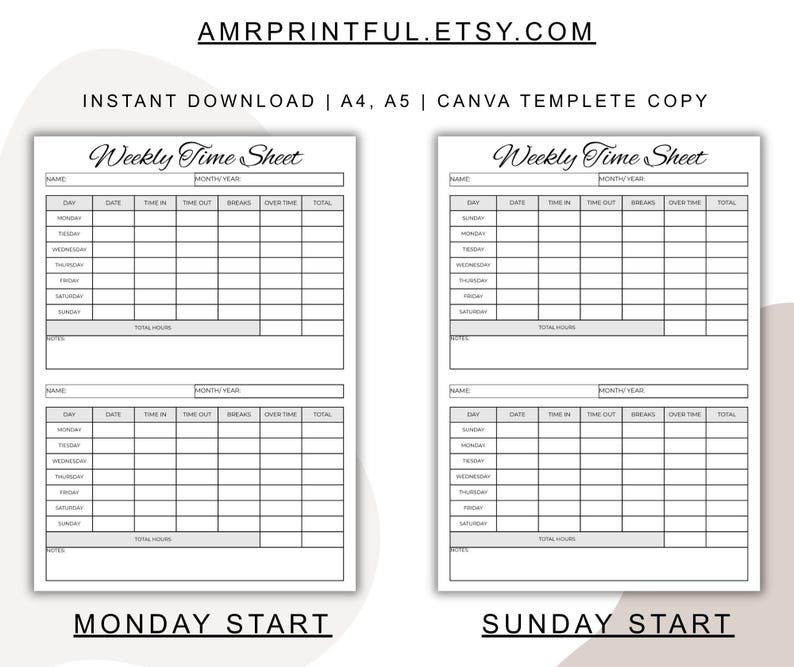 Total Week Timesheet Weekly Timesheet Template, Work Hours Tracker, Staff Log, Editable ...