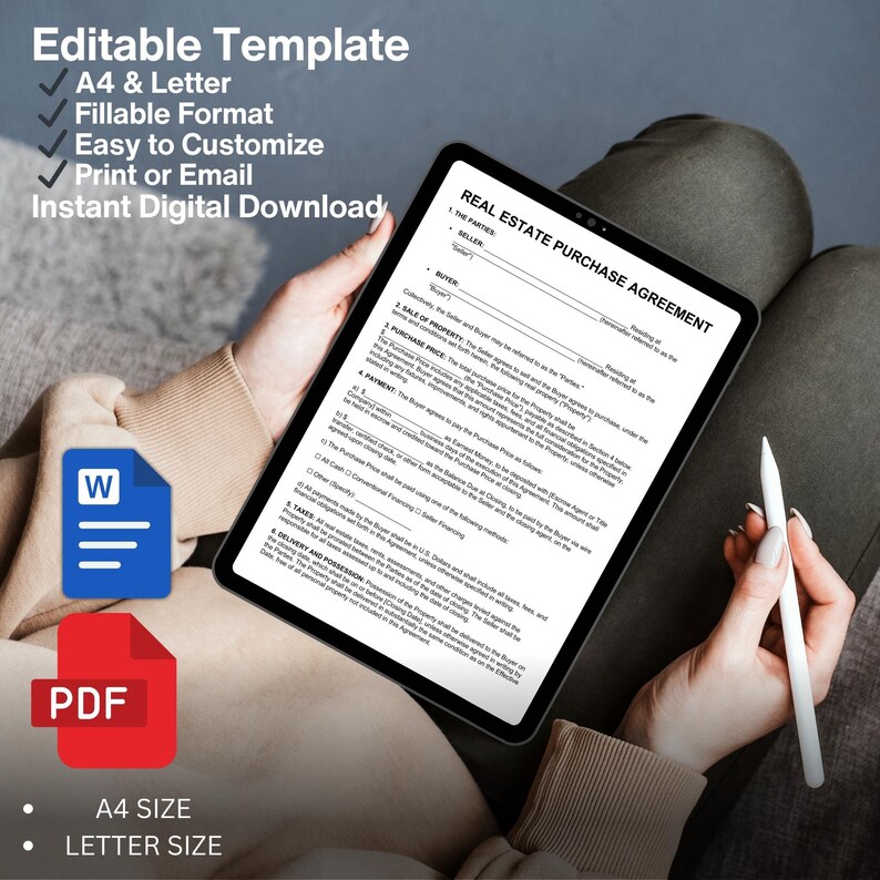 Real Estate Purchase Agreement Contract, Editable Property (PDF Word ...