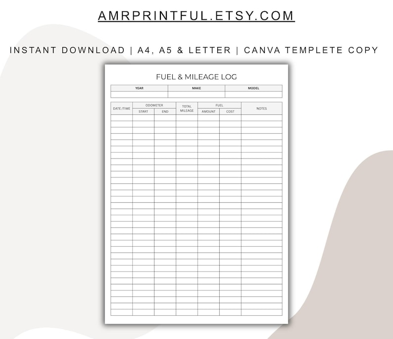 Mileage Fuel Log Book, Vehicle Expense Tracker, Car Log Sheet (editable ...