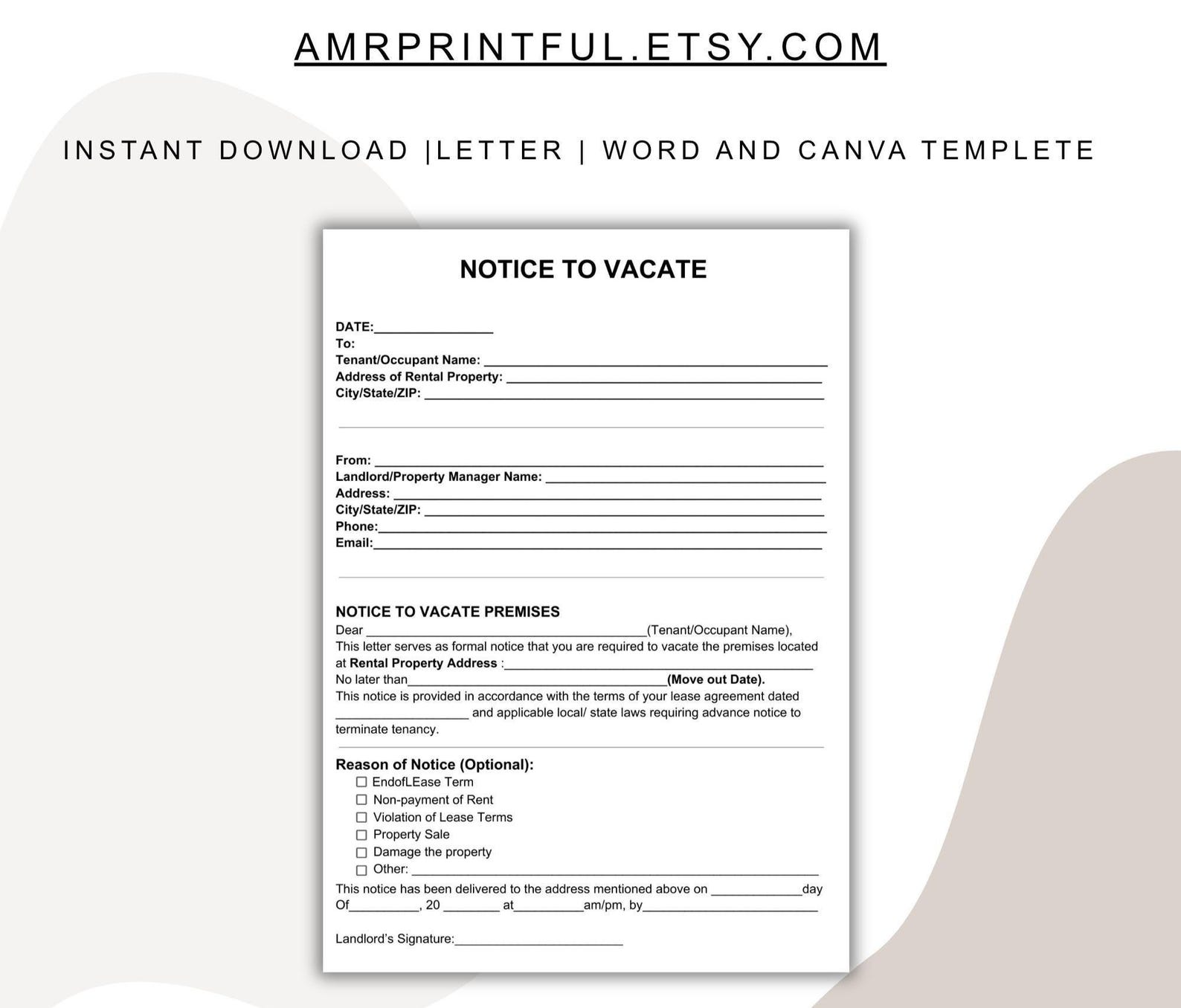 Editable Eviction Notice Template | 30 Day Lease to Vacate PDF (digital ...