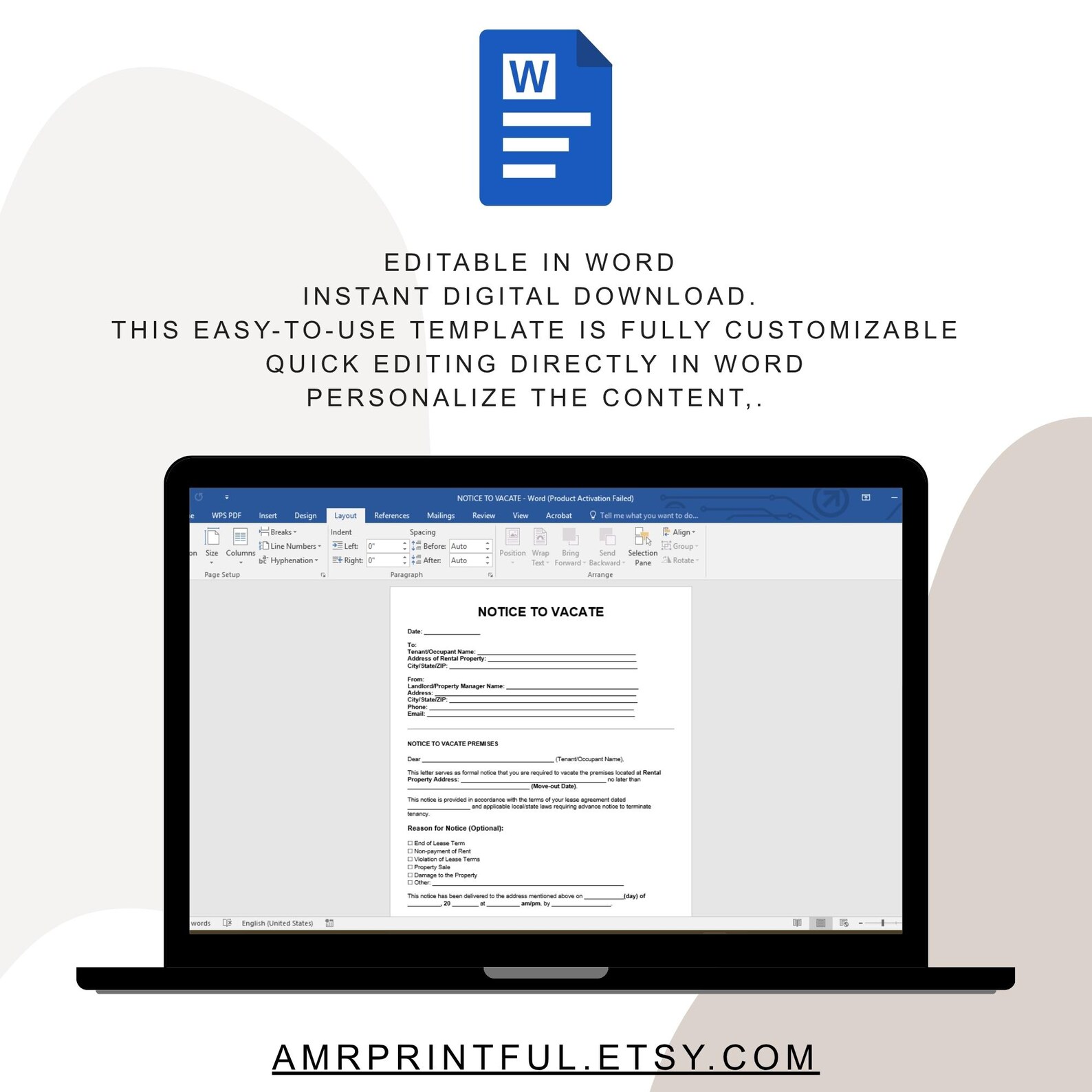 Editable Eviction Notice Template | 30 Day Lease to Vacate PDF (digital ...