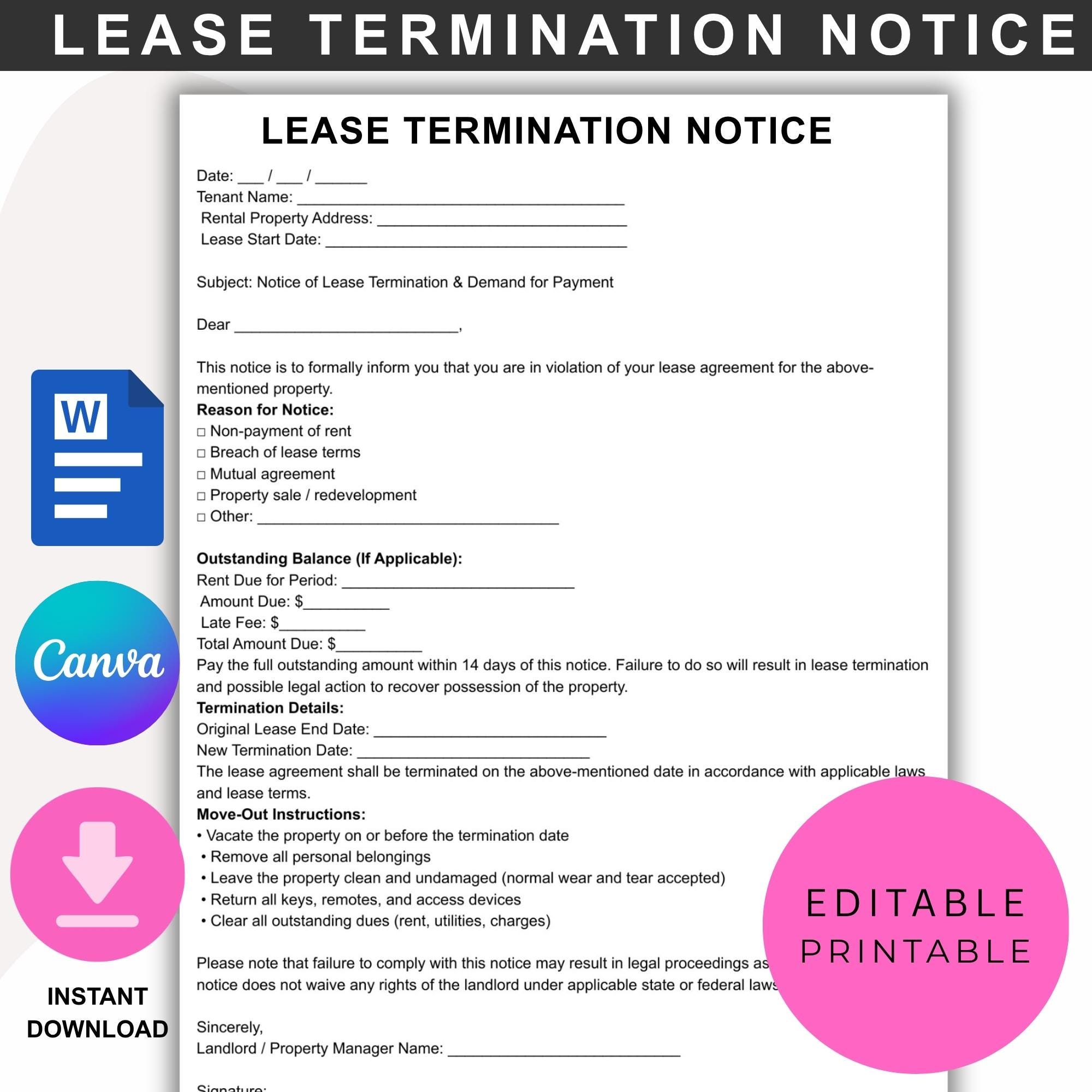 Editable Eviction Notice Template | Lease Termination, Vacate Form (PDF ...