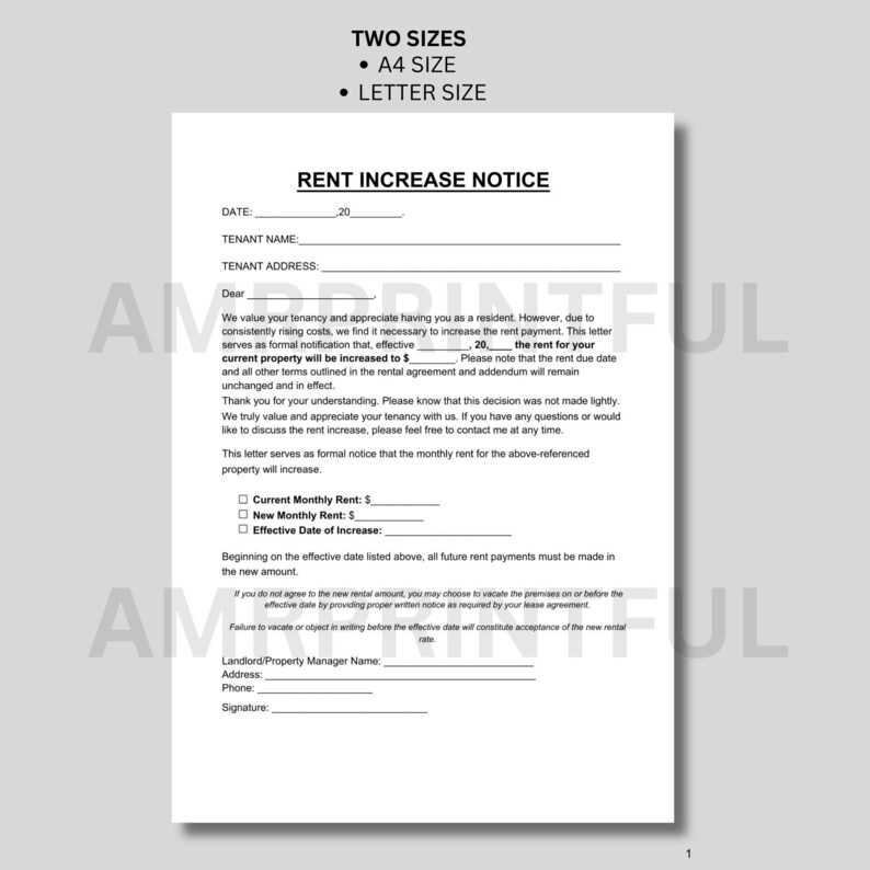 Example Of Rent Change Printable Rent Increase Notice | Editable Rental Increase Letter ...