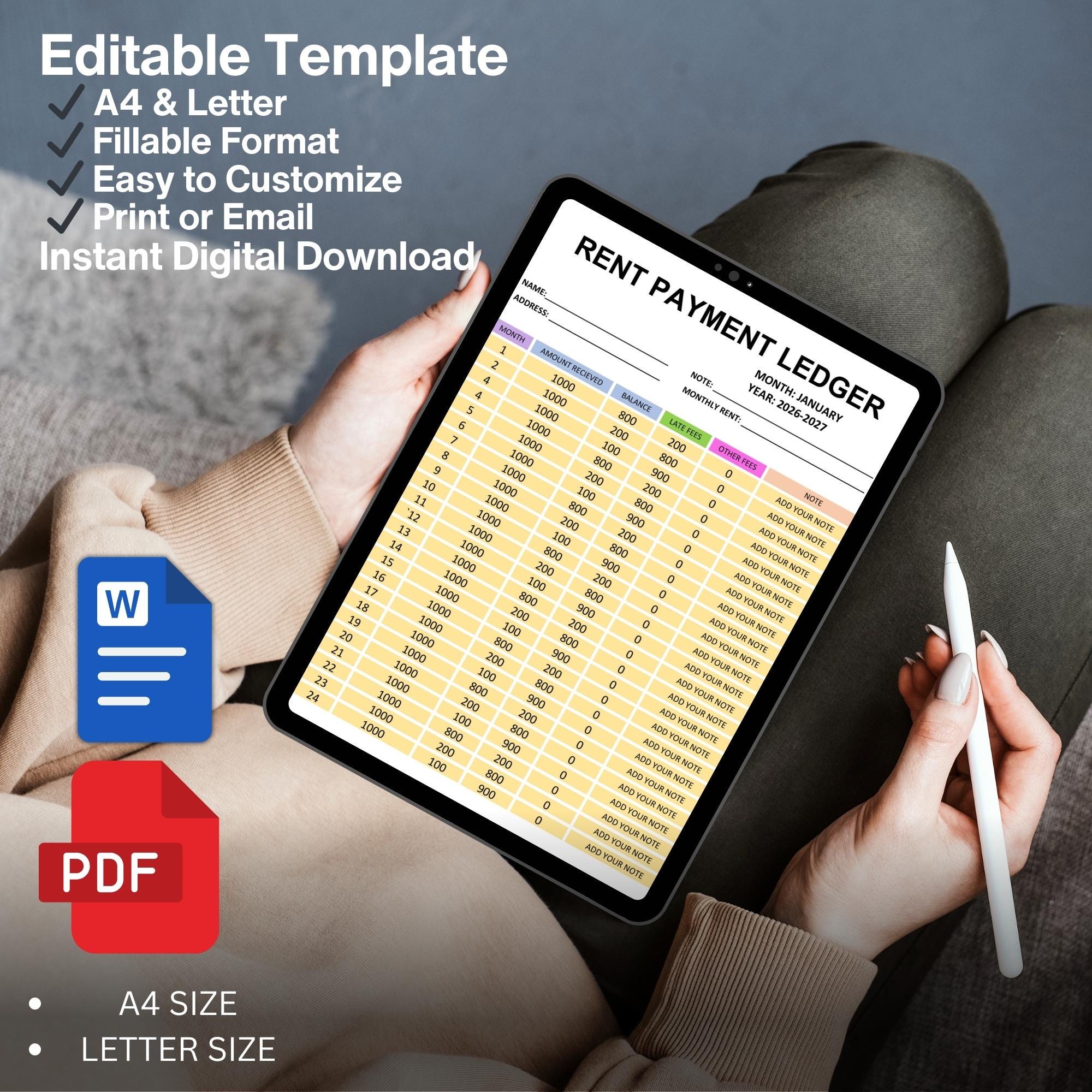 Editable Rent Ledger Template | Printable Monthly Payment Tracker (pdf ...