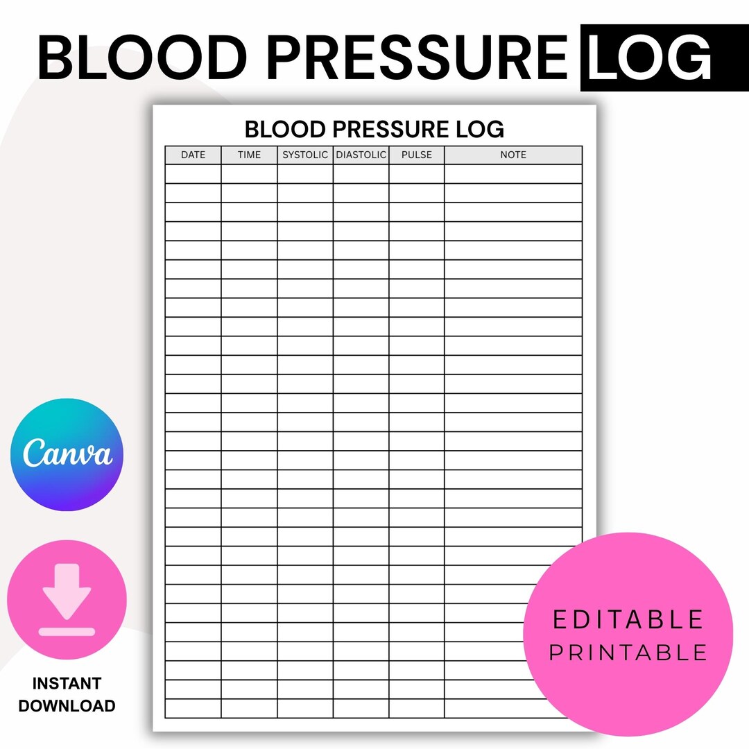 Printable Blood Pressure Log, Daily BP Tracker Sheet, Health Monitor ...