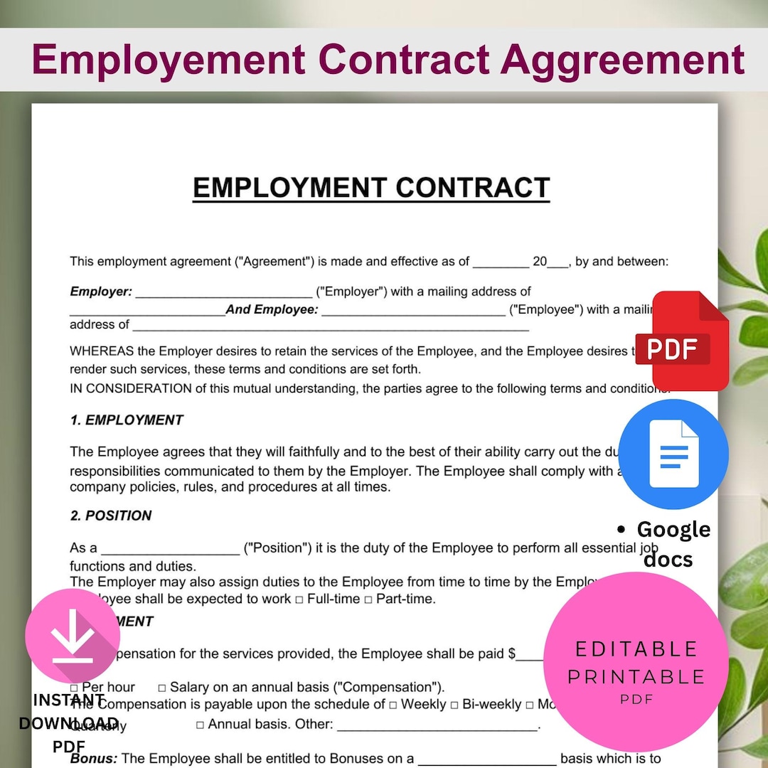 Editable Employment Contract Template: HR Employee Service Agreement ...