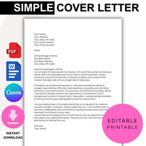 May include: A white cover letter template with the text "SIMPLE COVER LETTER" at the top. The document includes placeholders for personal and professional information. Icons for PDF, Word, Canva, and instant download are on the left, with "EDITABLE PRINTABLE" in a pink circle on the right.