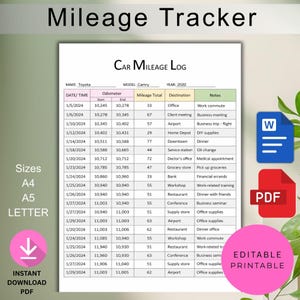 May include: A4 and A5 size printable car mileage log with a pink download button. The log includes fields for date, odometer readings, mileage total, destination, and notes. Includes editable and instant download PDF.