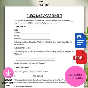 May include: A white Purchase Agreement document with the text "PURCHASE AGREEMENT". Includes fillable fields for seller, buyer, and purchase price. Features a pink "EDITABLE PRINTABLE" circle and a "PDF" icon.