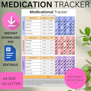 Registro semanal de medicamentos en PDF / Registro diario de medicamentos, tabla de dosificación (editable)