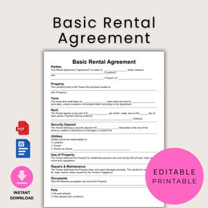 May include: A white Basic Rental Agreement template with sections for details like parties, property, and rent. The document includes a pink circle with "Editable Printable" and icons for PDF, Word, and instant download.