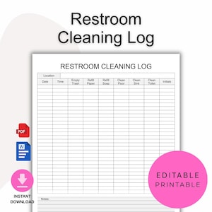 Puede incluir: Un registro de limpieza de baños imprimible con fondo blanco. El registro incluye secciones para la fecha, la hora y tareas como vaciar la papelera y limpiar el inodoro. Las palabras "Restroom Cleaning Log" están en la parte superior.