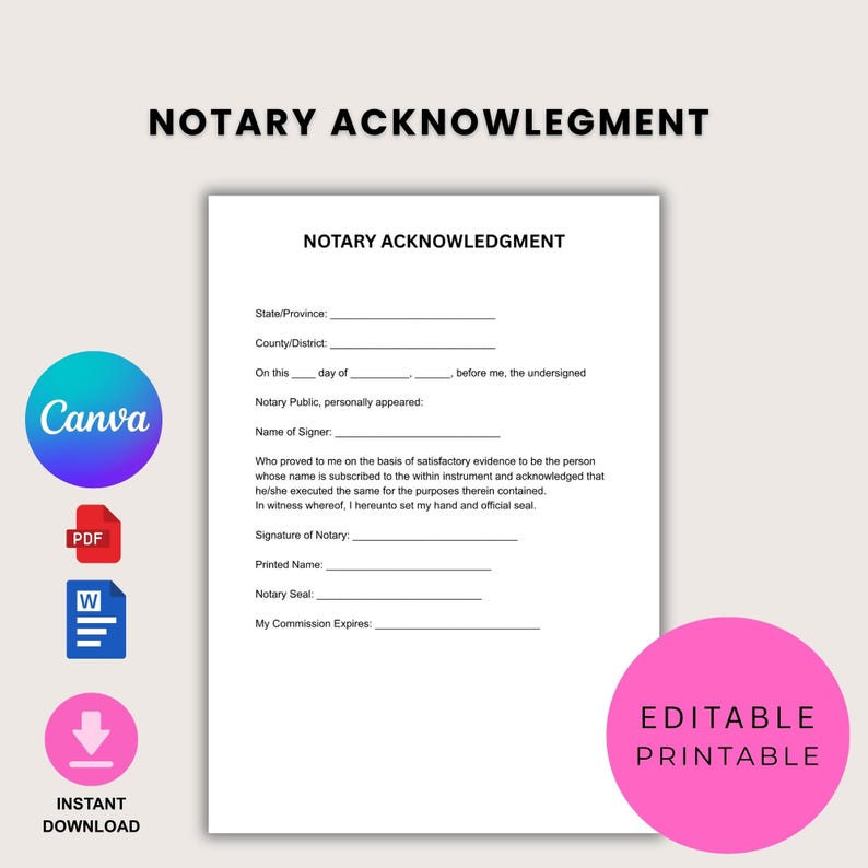 Notarization Template.pdf Editable Notary Acknowledgement Form Template (printable) - Etsy
