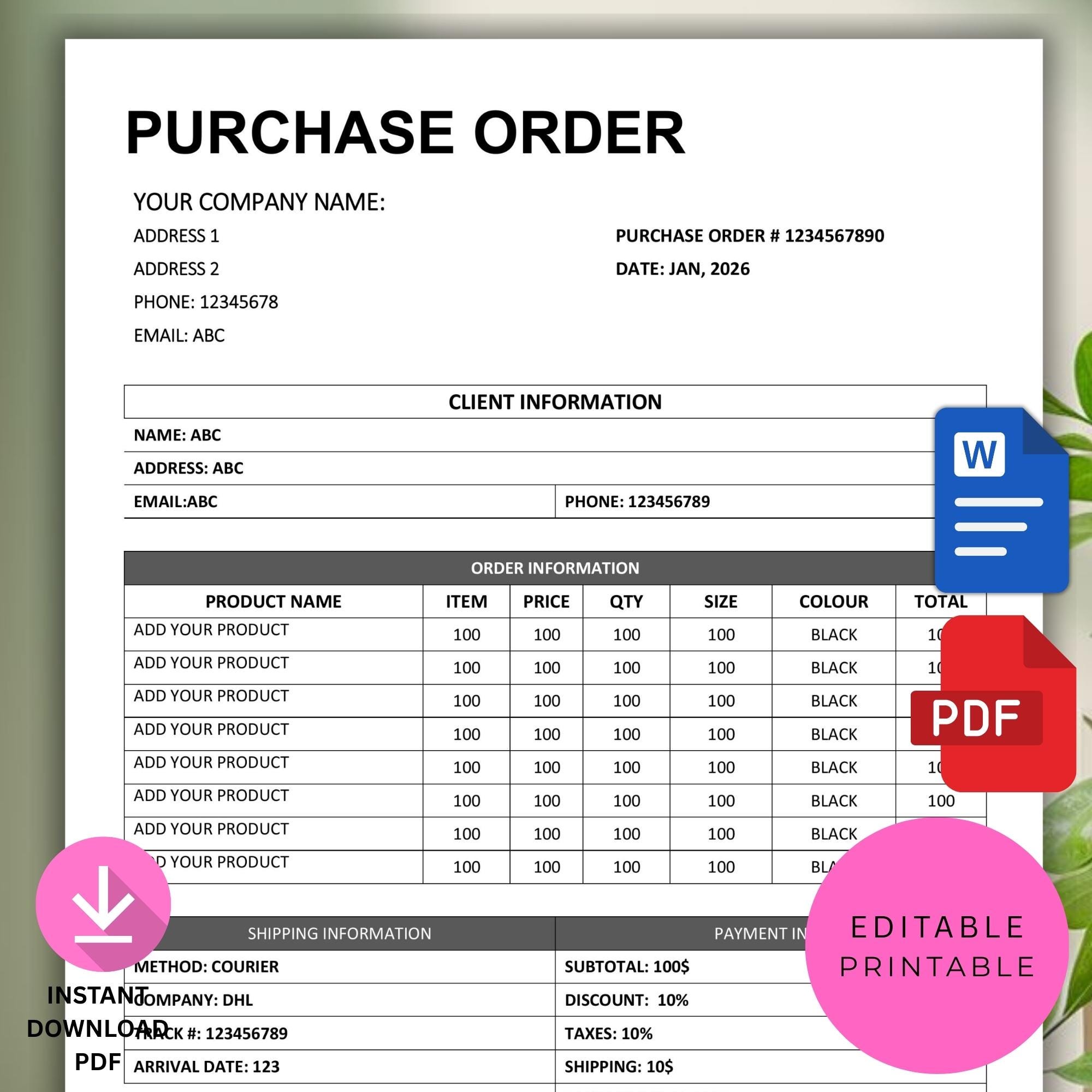 Editable Purchase Order Template | Printable PO Form | Small Business ...