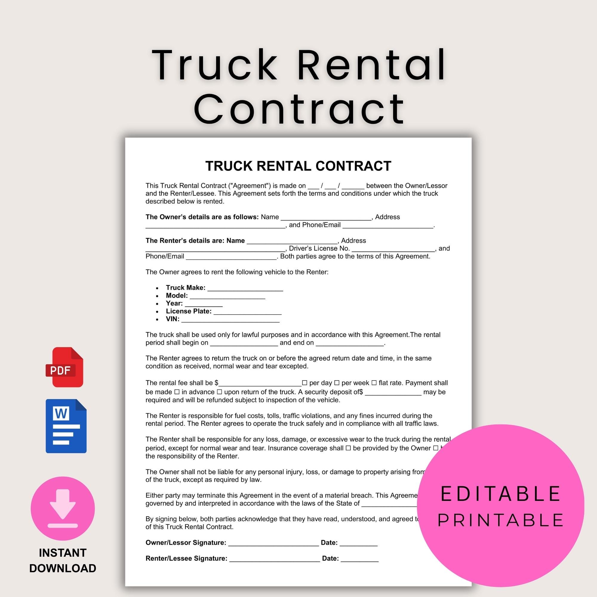 Truck Rental Agreement Template | Truck Hire Contract | Lease & Rental ...